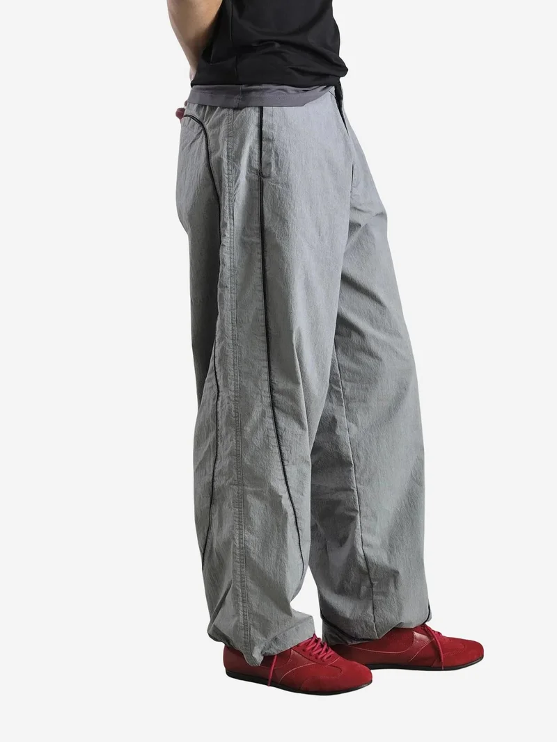Giesto Grey GIESTO Contrast Binding Detailed Baggy Ripstop Pants for Men | Best Price UAE